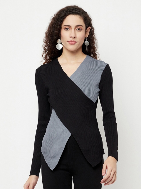 

iki chic Women Grey & Black Colourblocked Woolen Cardigan