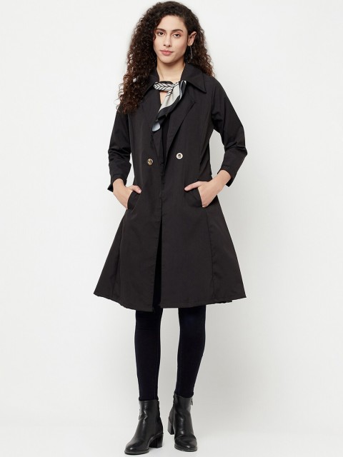 

iki chic Women Black Solid Long Trench Coat With Scarf And Belt
