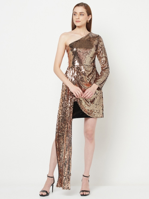 

iki chic Gold-Toned Embellished One Shoulder Net Sheath Dress