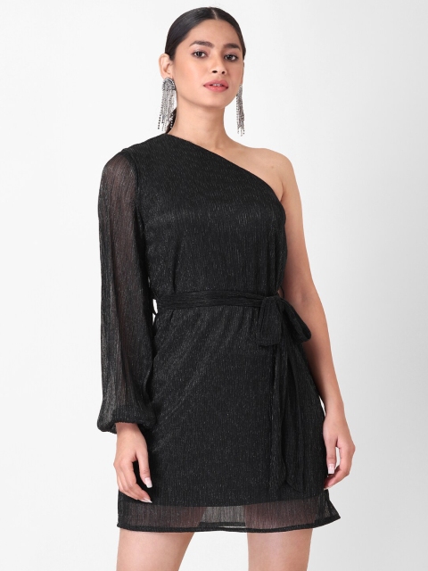 

FabAlley Women Black Belted One Shoulder A-Line Dress