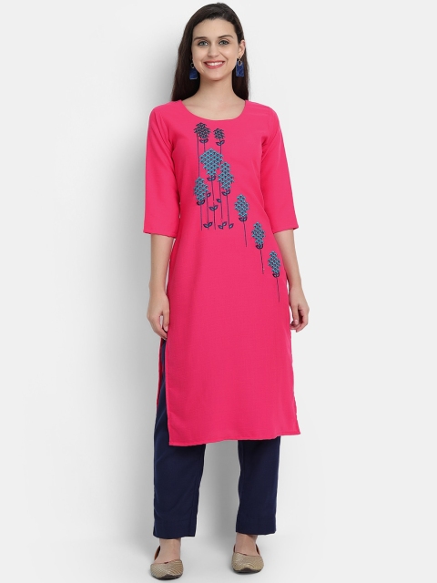 

7Threads Women Pink & Blue Ethnic Motifs Embroidered Cotton Kurta