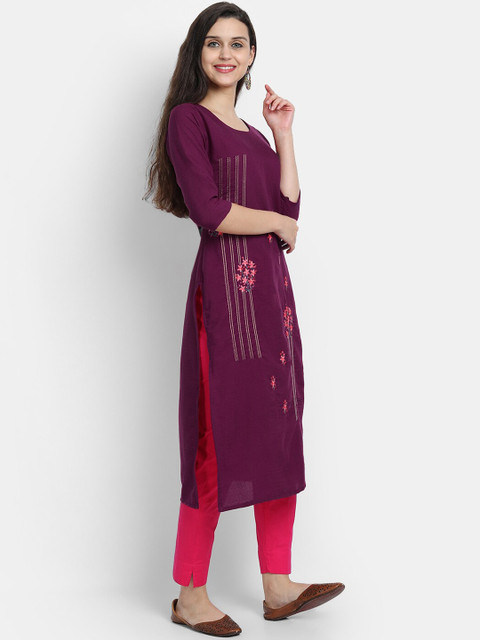 

7Threads Women Burgundy & Pink Ethnic Motifs Embroidered Cotton Kurta