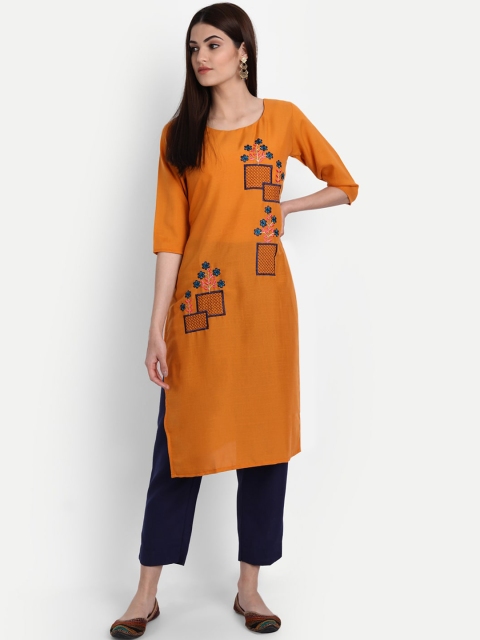 

7Threads Women Yellow Cold-Shoulder Sleeves Patchwork Kurta