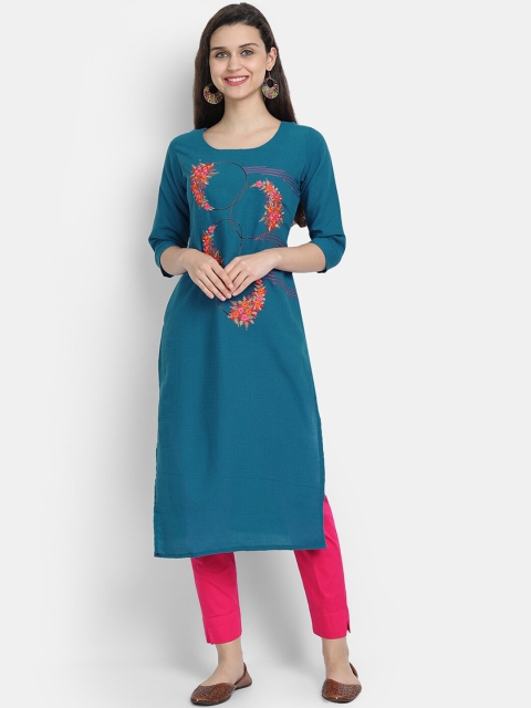 

7Threads Women Turquoise Blue & Pink Ethnic Motifs Embroidered Cotton Kurta