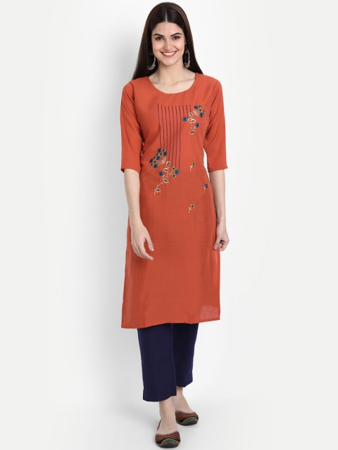 

7Threads Women Orange Embroidered Thread Work Kurta