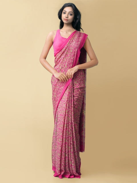 

Unnati Silks Pink & Green Floral Printed Block Print Saree