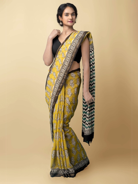 

Unnati Silks Yellow & Black Paisley Pure Handloom Sustainable Preet Bagru Mulmul Cotton Saree