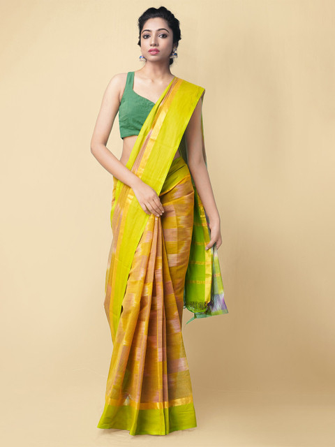 

Unnati Silks Yellow & Green Woven Design Pure Handloom Sustainable Pavani Mangalagiri Cotton Saree