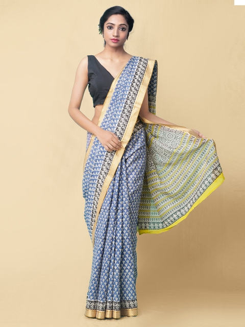 

Unnati Silks Blue & Black Floral Pure Handloom Sustainable Preet Bagru Mulmul Cotton Saree