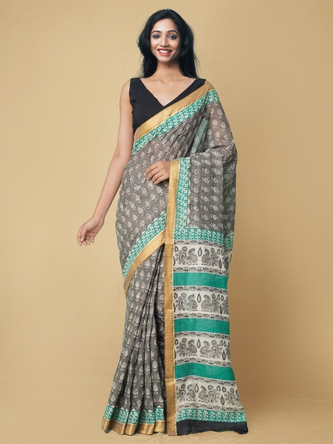 

Unnati Silks Grey & Teal Pure Handloom Sustainable Preet Bagru Mulmul Cotton Saree