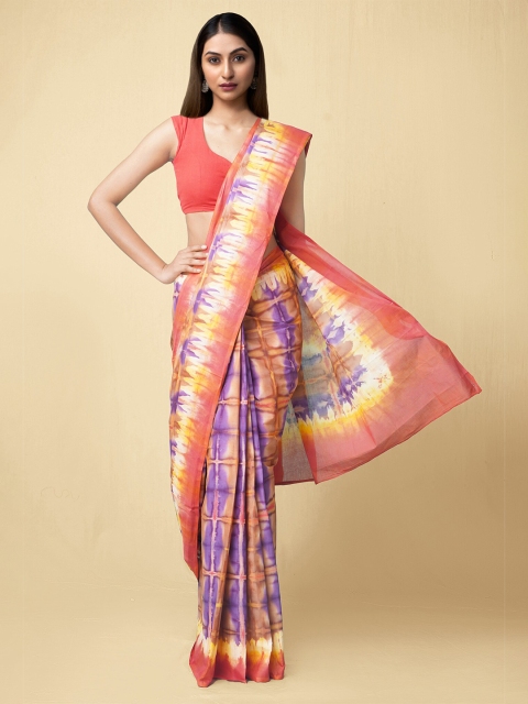 

Unnati Silks Purple & Orange Pure Handloom Sustainable Shibori Cotton Saree