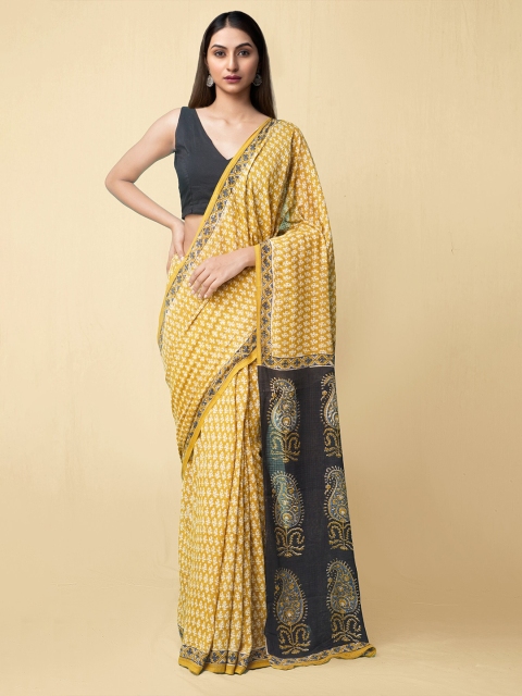

Unnati Silks Yellow & Black Ethnic Motifs Pure Handloom Sustainable Preet Bagru Mulmul Cotton Saree