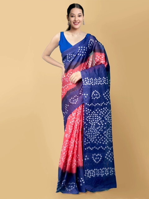 

Unnati Silks Pink & Blue Bandhani Pure Handloom Sustainable Bandhani Cotton Saree