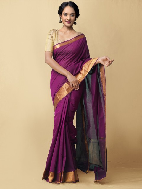 

Unnati Silks Purple & Gold-Toned Zari Silk Cotton Mangalagiri Saree