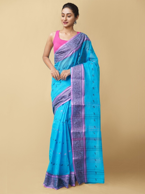 

Unnati Silks Blue & Pink Woven Design Pure Handloom Sustainable Bengal Tant Cotton Saree