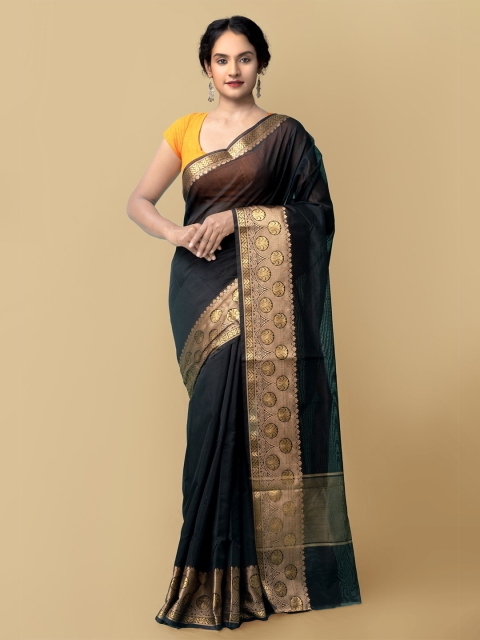 

Unnati Silks Black & Gold-Toned Woven Design Zari Silk Cotton Baluchari Saree