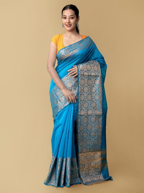 

Unnati Silks Blue & Gold Silk Cotton Baluchari Saree