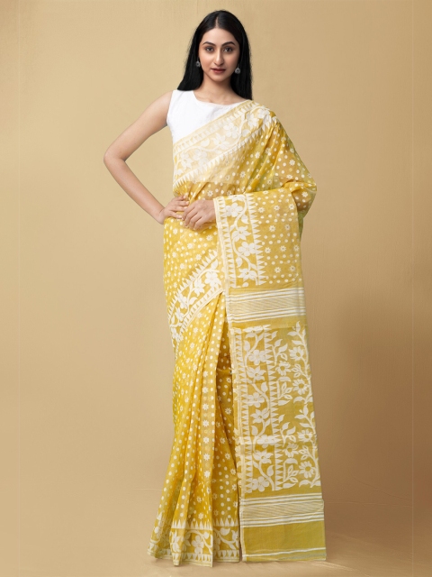 

Unnati Silks Yellow & White Floral Pure Handloom Sustainable Dhaka Jamdhani Bengal Tant Cotton Saree