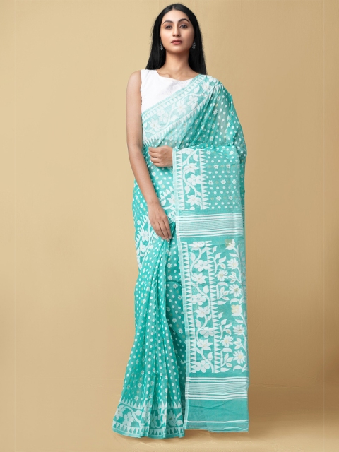 

Unnati Silks Blue & White Woven Design Pure Handloom Sustainable Dhaka Jamdhani Bengal Tant Cotton Saree