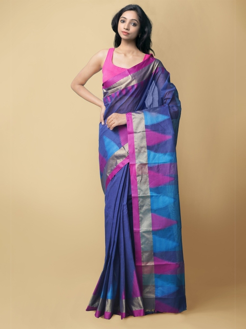 

Unnati Silks Blue & Pink Zari Pure Handloom Sustainable Dhaka Jamdhani Bengal Tant Cotton Saree