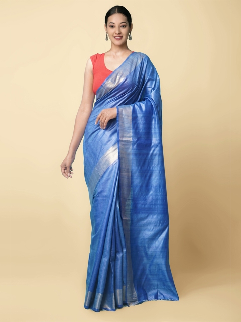 

Unnati Silks Blue & Silver-Toned Zari Pure Handloom Sustainable Tussar Silk Saree
