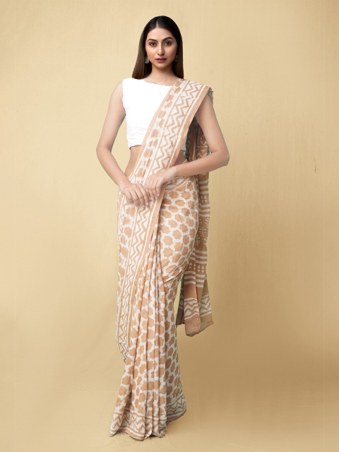 

Unnati Silks Brown & White Pure Handloom Sustainable Preet Dabu Mulmul Cotton Saree