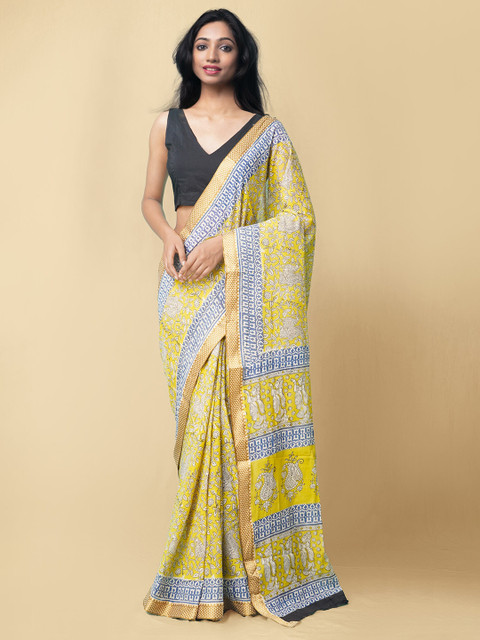 

Unnati Silks Yellow & Blue Ethnic Motifs Zari Pure Handloom Sustainable Preet Bagru Mulmul Cotton Saree