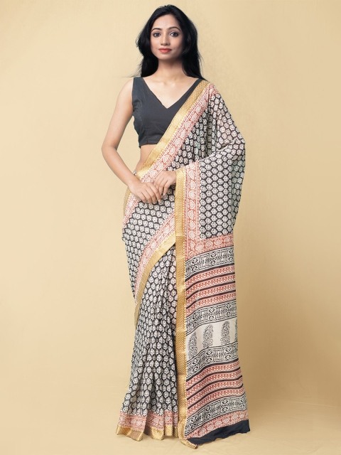 

Unnati Silks Black & White Ethnic Motifs Pure Handloom Sustainable Preet Bagru Mulmul Cotton Saree