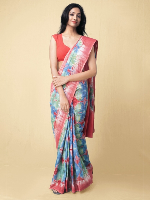 

Unnati Silks Red & Blue Tie and Dye Pure Handloom Sustainable Shibori Cotton Saree