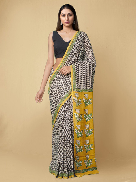 

Unnati Silks Black & Yellow Floral Pure Handloom Sustainable Preet Bagru Mulmul Cotton Saree