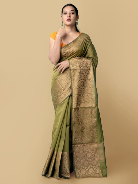 

Unnati Silks Green & Rose Gold Woven Design Silk Cotton Baluchari Saree