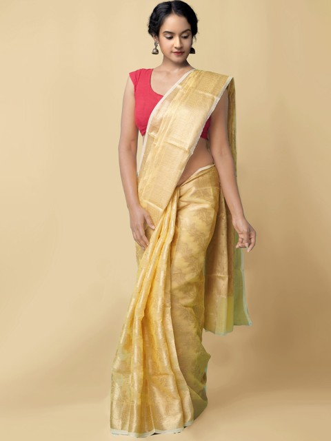 

Unnati Silks Yellow Woven Design Zari Pure Handloom Sustainable Kota Banarasi Saree