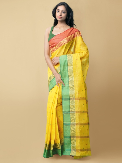 

Unnati Silks Yellow & Green Woven Design Pure Handloom Sustainable Dhaka Jamdhani Bengal Tant Cotton Saree