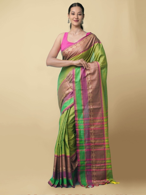 

Unnati Silks Green & Purple Ethnic Motifs Zari Pure Cotton Narayan Peth Saree