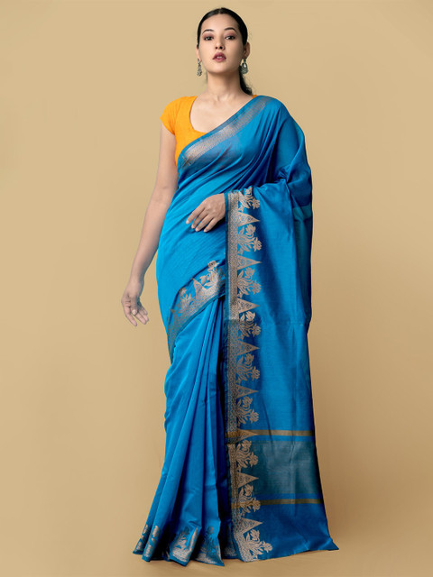 

Unnati Silks Blue & Silver-Toned Woven Design Zari Silk Cotton Baluchari Saree