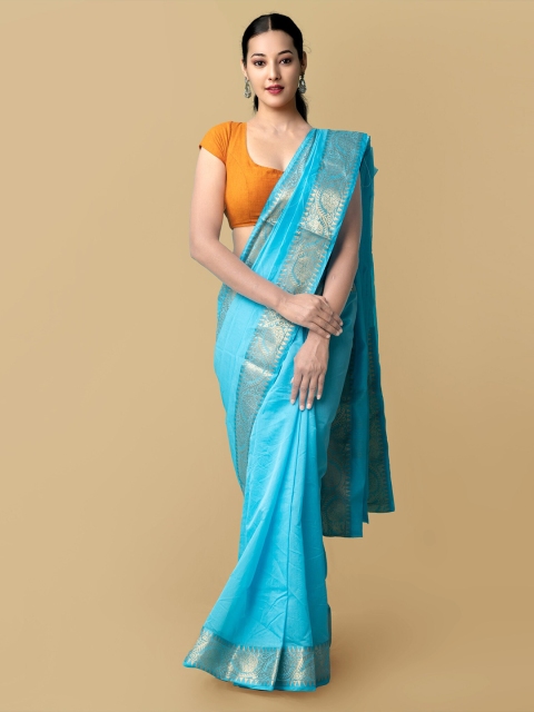 

Unnati Silks Blue & Silver-Toned Zari Silk Cotton Baluchari Saree