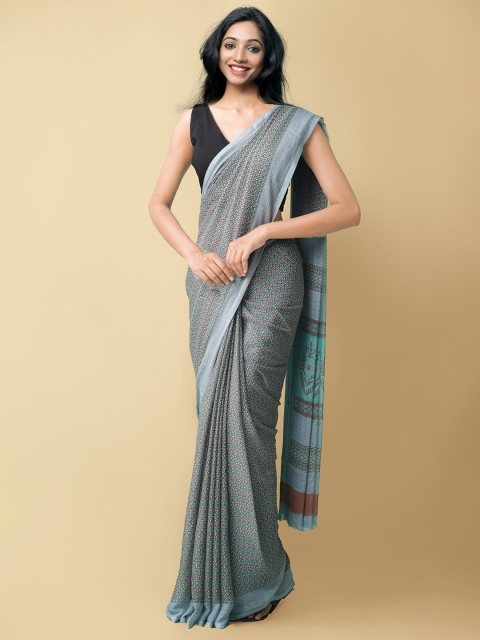 

Unnati Silks Blue & Maroon Floral Block Print Saree