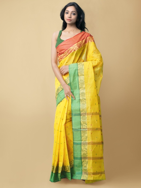

Unnati Silks Green & Yellow Woven Design Pure Handloom Sustainable Bengal Tant Cotton Saree