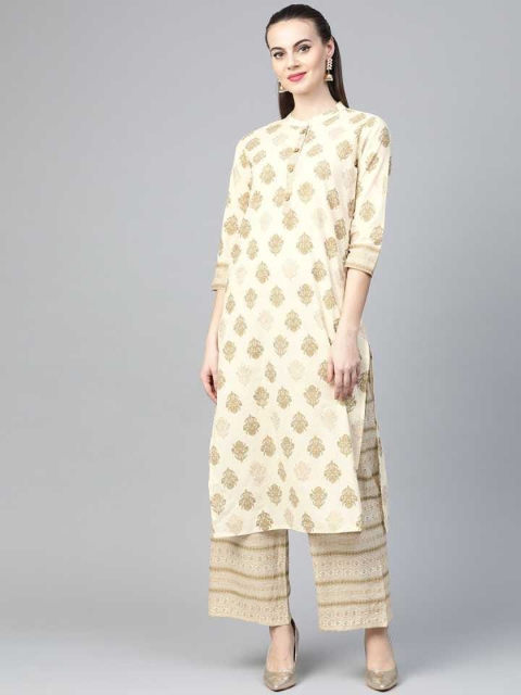 

Yuris Women Cream-Coloured Floral Printed Regular Pure Cotton Kurta with Trousers