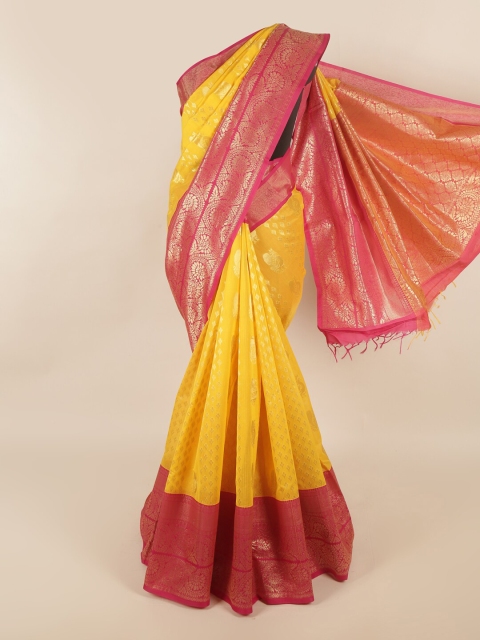 

Pothys Yellow & Fuchsia Ethnic Motifs Zari Silk Cotton Saree