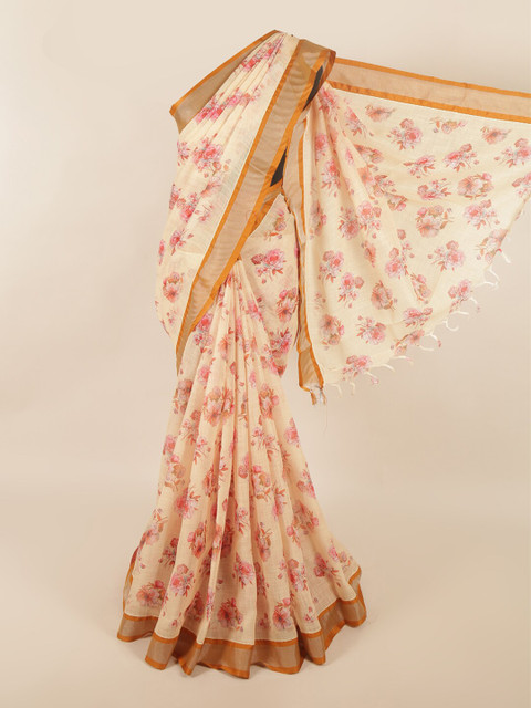 

Pothys Cream-Coloured & Pink Floral Zari Silk Cotton Saree