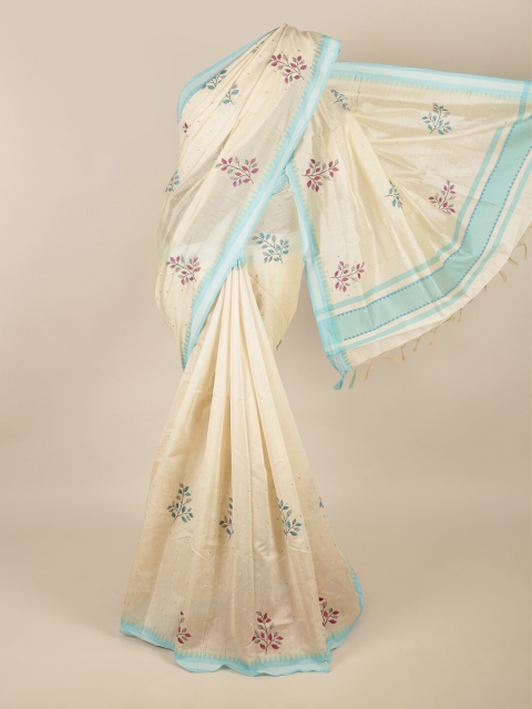 

Pothys Cream-Coloured & Blue Floral Silk Cotton Saree