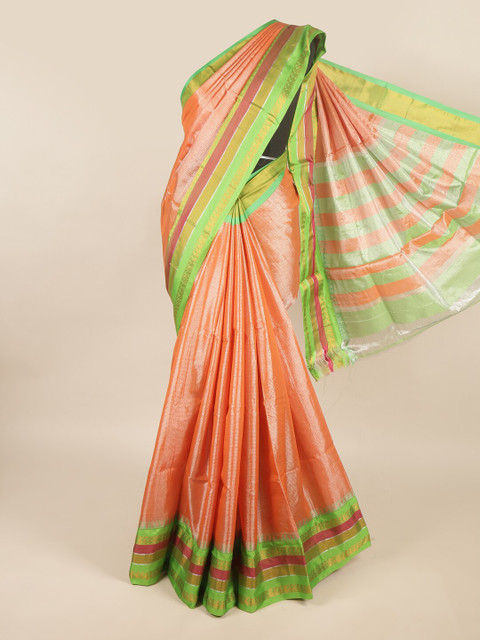 

Pothys Peach-Coloured & Green Woven Design Silk Cotton Saree