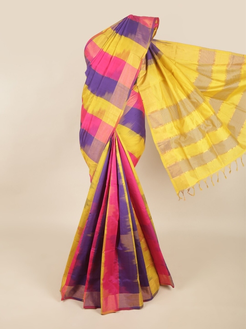 

Pothys Yellow & Pink Striped Zari Silk Cotton Saree