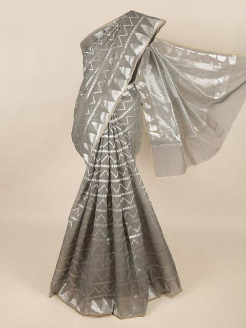 

Pothys Grey & Silver-Toned Woven Design Zari Silk Cotton Saree