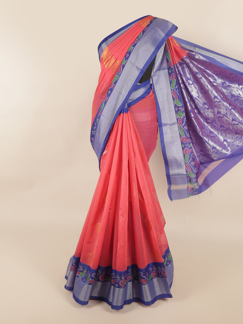 

Pothys Coral & Blue Ethnic Motifs Zari Silk Cotton Saree