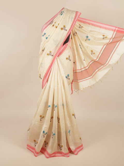 

Pothys Cream-Coloured & Pink Floral Silk Cotton Saree