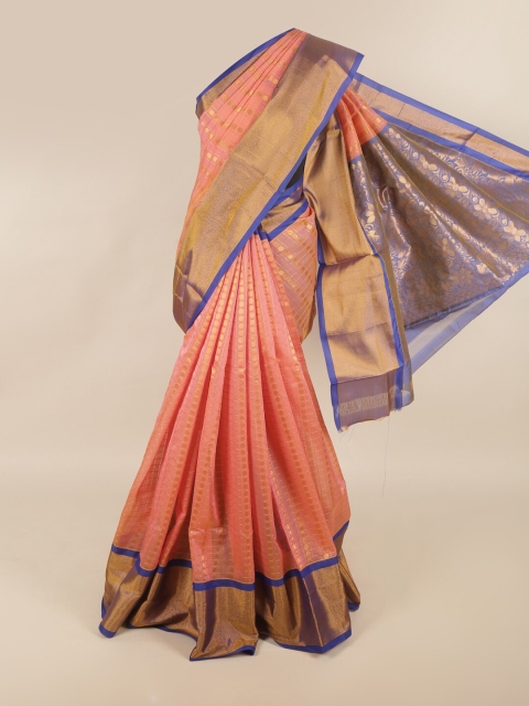 

Pothys Peach-Coloured & Blue Ethnic Motifs Zari Silk Cotton Saree