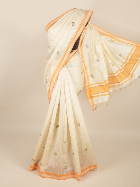

Pothys Cream-Coloured & Orange Floral Silk Cotton Saree
