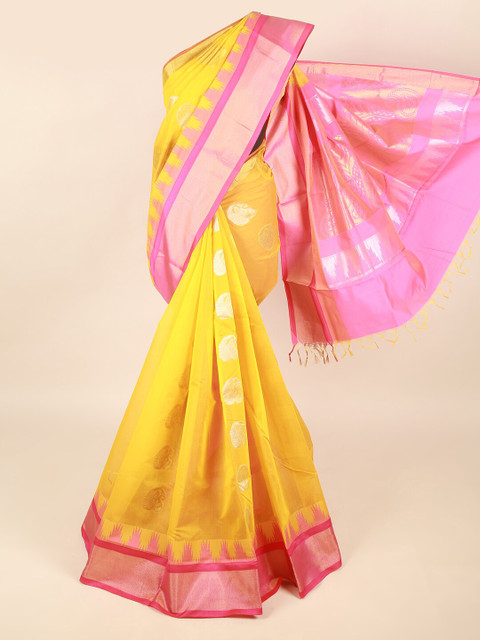 

Pothys Yellow & Pink Ethnic Motifs Zari Silk Cotton Saree